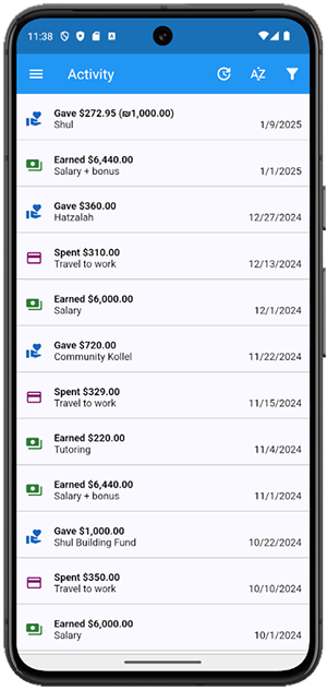 EZ-Maaser Activities Screen