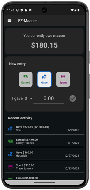 EZ-Maaser Main Screen Dark Mode