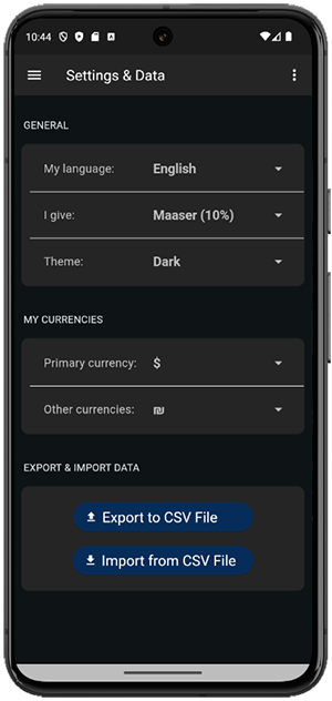 EZ-Maaser Settings Screen Dark Mode